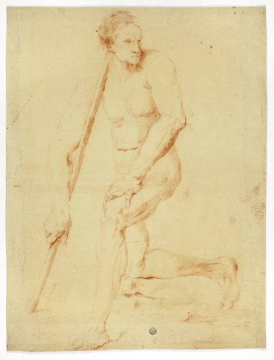 Academic Male Nude Leaning on Staff by Style of Pompeo Girolamo Batoni