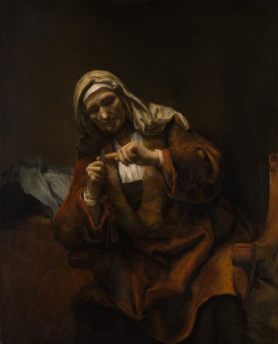 Old Woman Cutting Her Nails by Style of Rembrandt