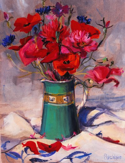 Poppies & cornflowers in green jug by Sue Wales