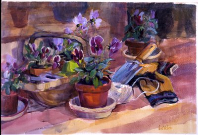 Potting up the pansies by Sue Wales