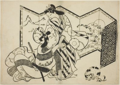 Lovers, a Cat, and a Mouse in front of a Folding Screen by Sugimura Jihei