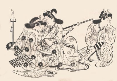 Samurai and Courtesan Seated, A Servant Beside Them by Sugimura Jihei