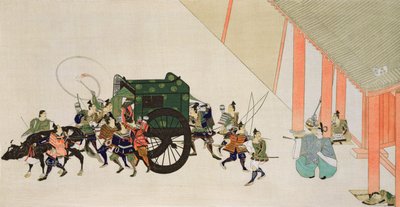 An Emperor Fleeing a Palace Disguised as a Woman in Carriage, scene from a courtly romance of the Heian period, printed in 