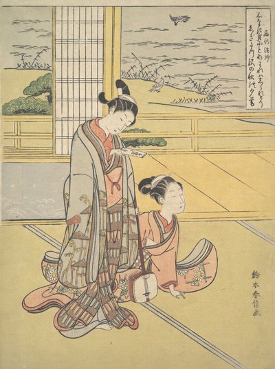 A Young Man and Woman with a Shamisen, Monk Saigyo by Suzuki Harunobu