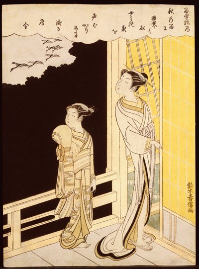 A Courtesan and Her Kamuro on a Verandah Watching Flying Geese in the Rain by Suzuki Harunobu