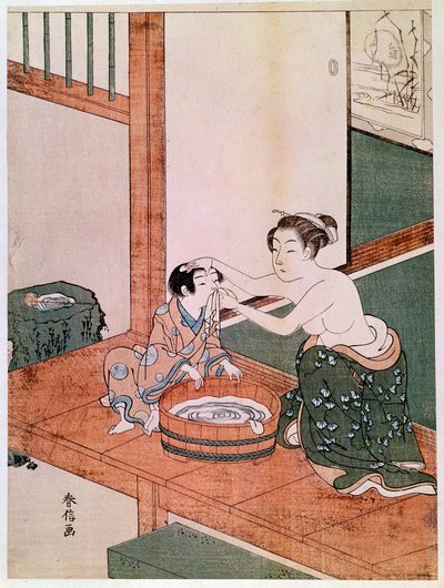 A naked mother washing her child in Japan near a basin filled with water. Prints by Haronobu Suzuki. 1766-1768. Paris, Guimet Museum, National Museum of Asian Arts by Suzuki Harunobu