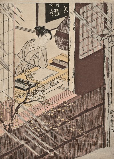 A woman seated at a writing desk looking out at the rain by Suzuki Harunobu