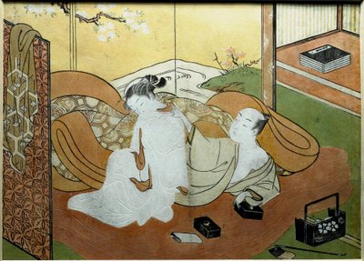 Couple of lovers lying in an interior with screen, calligraphy box. Nishiki-e print by Suzuki Harunobu by Suzuki Harunobu