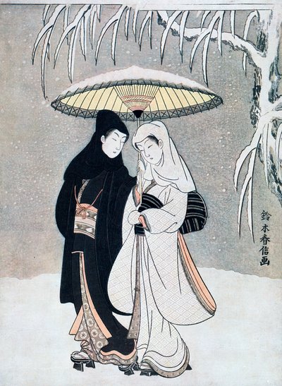Crow and Heron, or Young Lovers Walking Together under an Umbrella in a Snowstorm, c1769 by Suzuki Harunobu