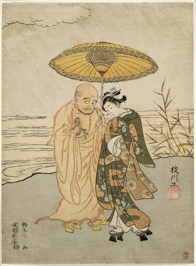 Daruma and a Young Woman in the Rain by Suzuki Harunobu