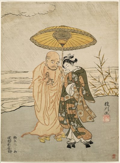 Daruma and a Young Woman in the Rain by Suzuki Harunobu