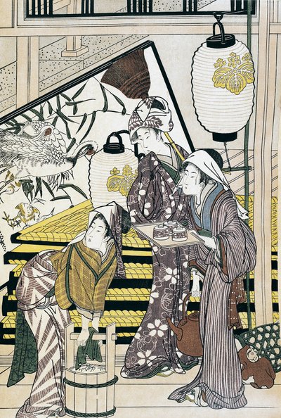 Servants toiling in home, ukiyo-e art print, Japanese civilization, Edo period by Suzuki Harunobu