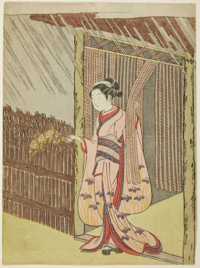 Woman Holding a Branch of Kerria Flowers in the Rain by Suzuki Harunobu