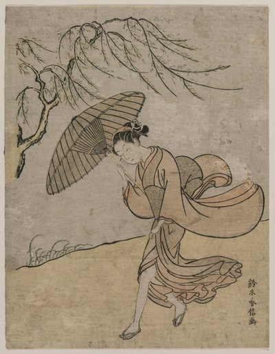Woman Running Past a Willow Tree in a Breeze by Suzuki Harunobu