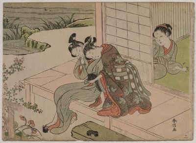 Woman Watching Young Couple Embrace on a Veranda by Suzuki Harunobu