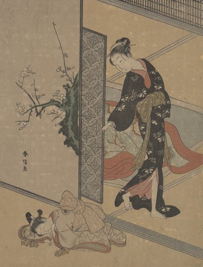 Young Lady Looking through Door at Her Kamuro Little Servant who is Asleep on the Floor by Suzuki Harunobu