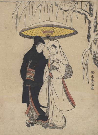 Young Lovers Walking Together Under an Umbrella in a Snow Storm Crow and Heron by Suzuki Harunobu