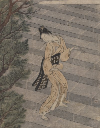 Young Woman Climbing Stone Stairs to a Shinto Temple by Suzuki Harunobu