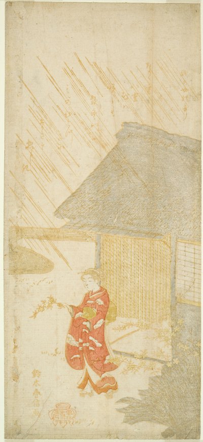 Young Woman Holding a Kerria Branch (parody of Ota Dokan) by Suzuki Harunobu