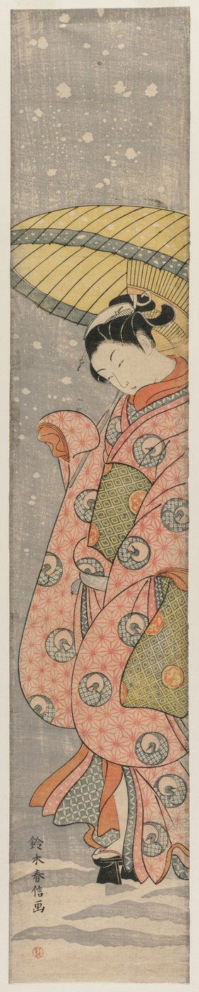 Young Woman Standing Under an Umbrella in the Snow by Suzuki Harunobu