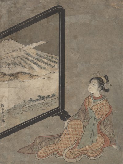 Young Woman with a Pipe in Her Hand Gazing at Landscape Painted on a Screen by Suzuki Harunobu