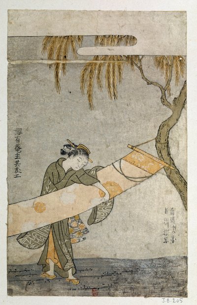 Young woman tending a kakemono attaches to a tree by Suzuki Harunobu