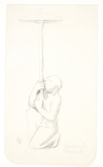 "Slave with Parasol". Study Sheet after Reliefs in Borobudur, Java. by Svend Rathsack