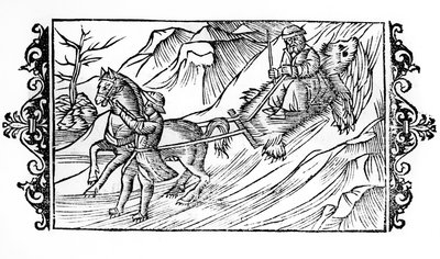 Horse dragging on the snow a bear skin on which a Finnish sits - in 