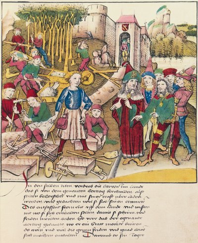 Foundation of the city of Bern in 1191, miniature from Spiezer Bilderchronik, Switzerland by Swiss School