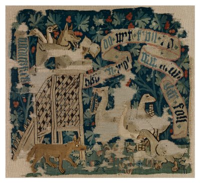 Tapestry cushion cover depicting the Fox, possibly the Wolf, preaching to the geese by Swiss School