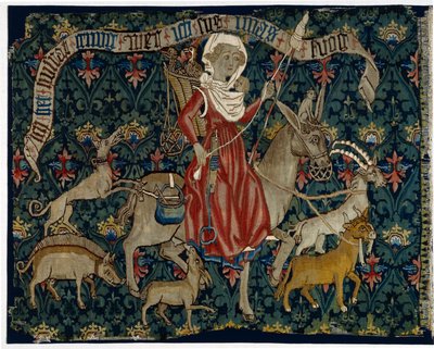 Tapestry depicting The Wandering Housewife or Woman Riding to Market by Swiss School