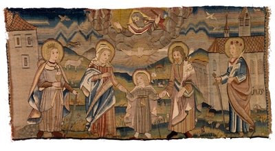 Tapestry panel depicting St Barbara, the Virgin Mary, the Holy Trinity, St Joseph and St Catharine or Incarnation with Saints Barbara and Catherine by Swiss School