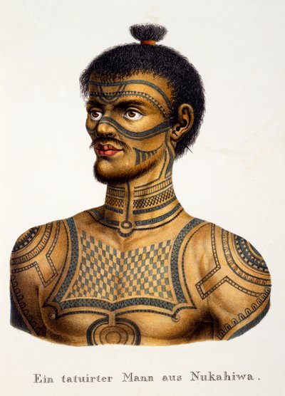 Tattooed man from Nukahiwa, from Ethnological Study of Various Racial Types from Various Continents, by C.I. Brodtmann, published 1824 by Swiss School