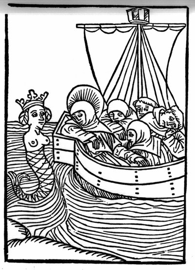 The Legend of Saint Brendan (Brandan), hero and Irish saint of the 6th century. All monks fall asleep at the singing of the Sirens. Engraving of "Die Wunderbare Meerfahrt des Hl. Brandan." Bale by Swiss School
