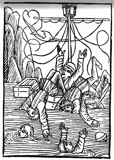 The Legend of Saint Brendan (Brandan), Hero and Irish Saint of the 6th century. Ships are sinking in the Cleves Sea. Engraving of 