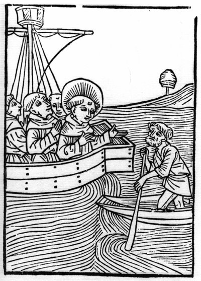 The Legend of Saint Brendan: Confreres Meet a Dwarf at the End of the World. Engraving of Die Wunderbare Meerfahrt des Hl. Brandan by Swiss School