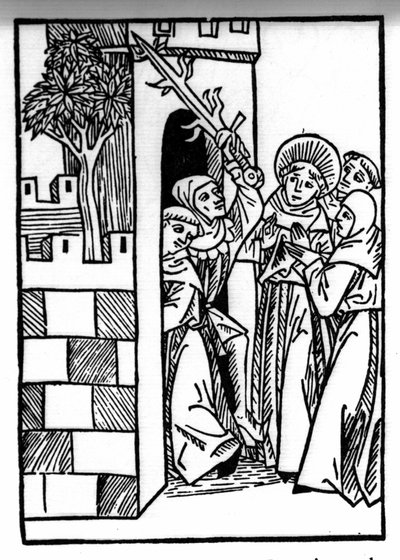 The legend of Saint Brendan (Brandan), hero and Irish saint of the 6th century. One of the monks is imprisoned. Engraving of "Die Wunderbare Meerfahrt des Hl. Brandan." Bale by Swiss School