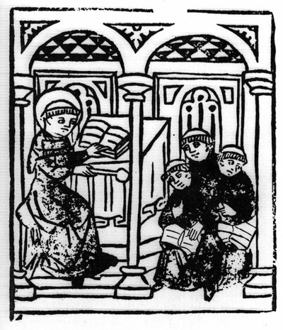 The legend of Saint Brendan (Brandan), hero and Irish saint of the 6th century. The saint recounts the wonders of the sea to his confreres of the monastery. Engraving of "Die Wunderbare Meerfahrt des Hl. Brandan." Bale by Swiss School