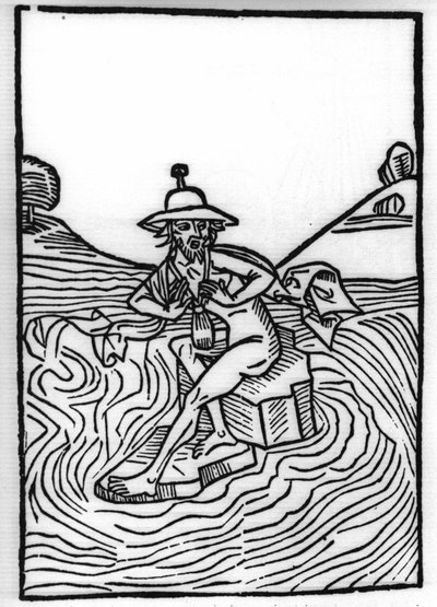 The legend of Saint Brendan, Irish saint of the 6th century: The encounter with Judas suffering from many torments. Engraving of 