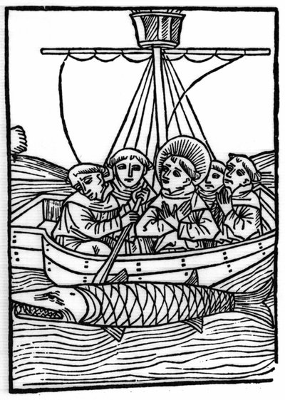 The Legend of Saint Brendan: The Encounter with the Giant Fish Isconius. Engraving of Die Wunderbare Meerfahrt des Hl. Brandan by Swiss School