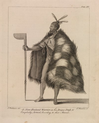 A New Zealand warrior in his proper dress and completely armed according to their manner by Sydney (after) Parkinson