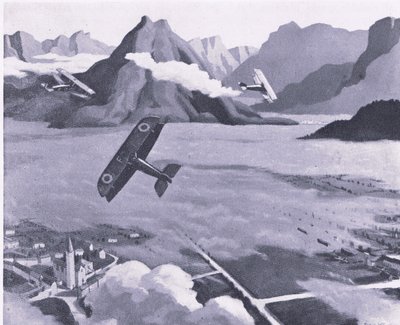 British scouts leaving their aerodrome on patrol over Asiago Plateau, Italy by Sydney Carline