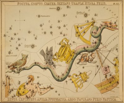 Noctua, Corvus, Crater, Sextans Uraniæ, Hydra, Felis, Lupus, Centaurus, Antlia Pneumatica, Argo Navis, and Pyxis Nautica, Illustration from 