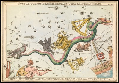 Noctua, Corvus, Crater, Sextans Uraniae, Hydra, Felis, Lupus, Centaurus, Antilia Pneumatica, Argo Navis and Pysix Nautica, c.1825 by Sydney Hall