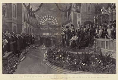 The Duke and Duchess of Cornwall and York Opening the First Parliament of United Australia, the Speech from the Throne in the Exhibition Building, Melbourne by Sydney Prior Hall