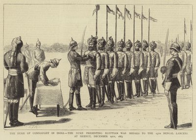 The Duke of Connaught in India, the Duke presenting Egyptian War Medals to the 13th Bengal Lancers at Meerut by Sydney Prior Hall