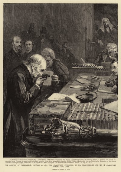 The Opening of Parliament, 31 January 1893, Mr Gladstone, Supported by Mr Marjoribanks and Mr H Gladstone, Taking the Oath by Sydney Prior Hall
