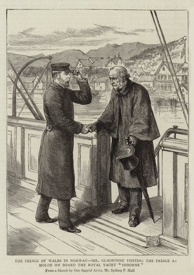 The Prince of Wales in Norway, Mr Gladstone visiting the Prince at Molde on Board the Royal Yacht Osborne by Sydney Prior Hall