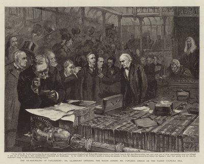 The Re-Assembling of Parliament, Mr Gladstone entering the House during Mr Fowler