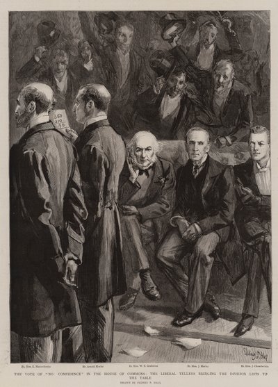 The Vote of No Confidence in the House of Commons, the Liberal Tellers bringing the Division Lists to the Table by Sydney Prior Hall